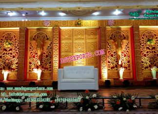 Wedding Stage Decor With Golden Backdrop Panels Wedding Stage Decor With Golden Backdrop Panels