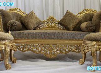 Designer Wooden Carved Wedding Couch & Stools