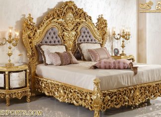 Solid Wood Golden Queen Crown Bed