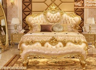 Luxury Gold Finish Bed With Side Table