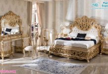 Classic Gold Finish Hand Carved Bedroom Furniture Set