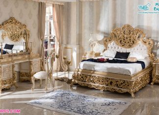 Classic Gold Finish Hand Carved Bedroom Furniture Set