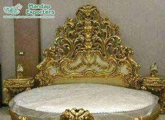 Designer Gold Finish Handicraft Wooden Bed Designer Gold Finish Handicraft Wooden Bed