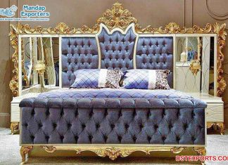 Luxury Teak Wooden Carved Bed with Nightstand