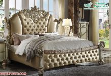 Golden Finish Crown Bed With Nightstand