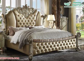 Golden Finish Crown Bed With Nightstand