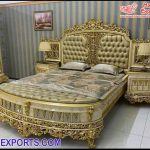 Handmade Queen Size Gold Carved Bed & Nightstand