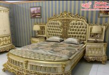 Handmade Queen Size Gold Carved Bed & Nightstand Handmade Queen Size Gold Carved Bed & Nightstand