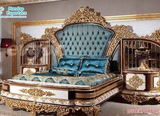 Luxury Design Gold Carved Bed and Stools