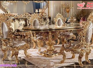Luxury Handmade Gold Carved Wooden Dining Set