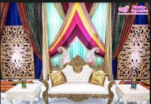Vibrant Hindu Wedding Mehndi/Sangeet Stage Vibrant Hindu Wedding Mehndi Sangeet Stage