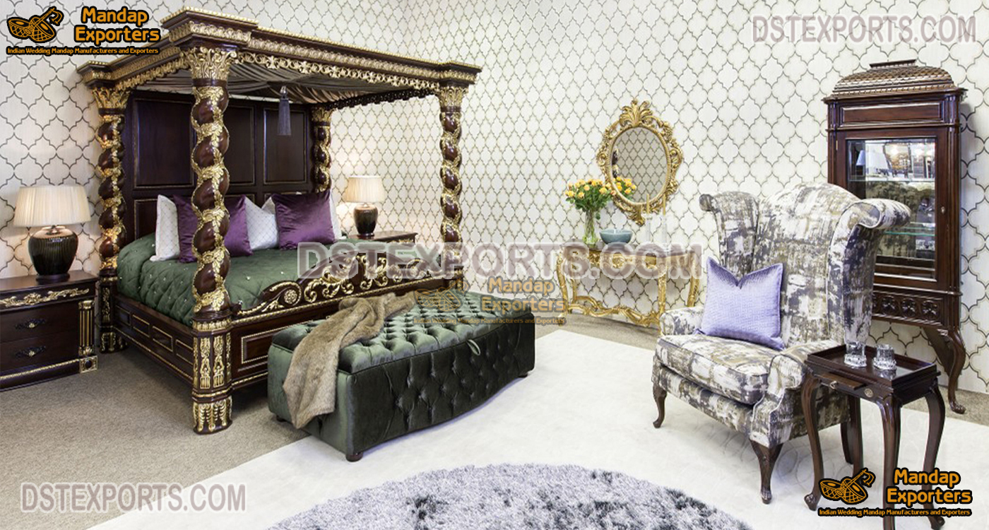 Antique Canopy Four Poster Bed & Furniture Set