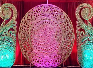 Wedding Reception Stage Backdrop Gold Medallions wedding stage golden frames decor
