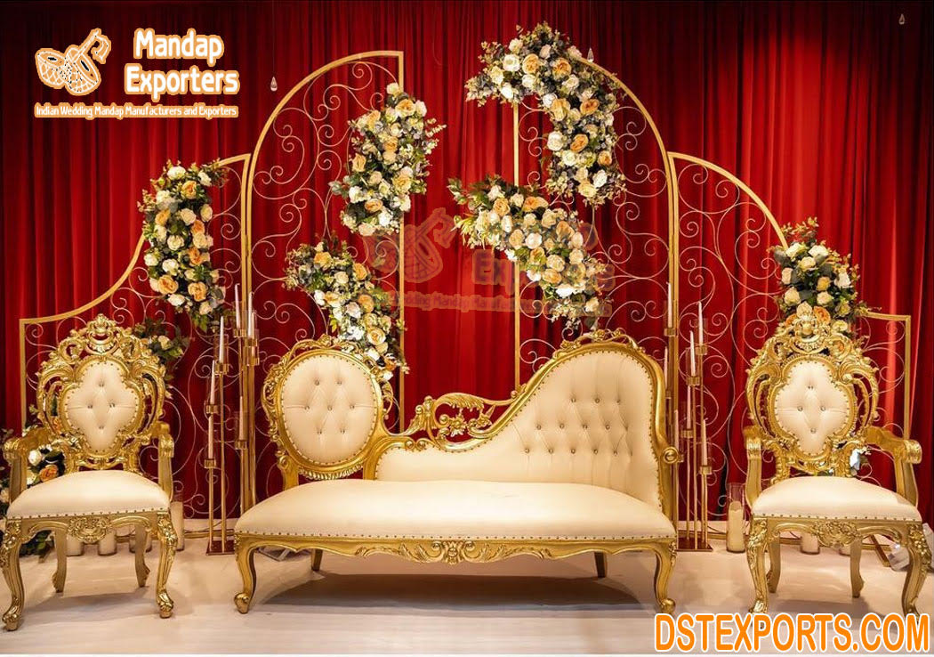 Golden Finish Wedding Stage Loveseat For Bride Groom