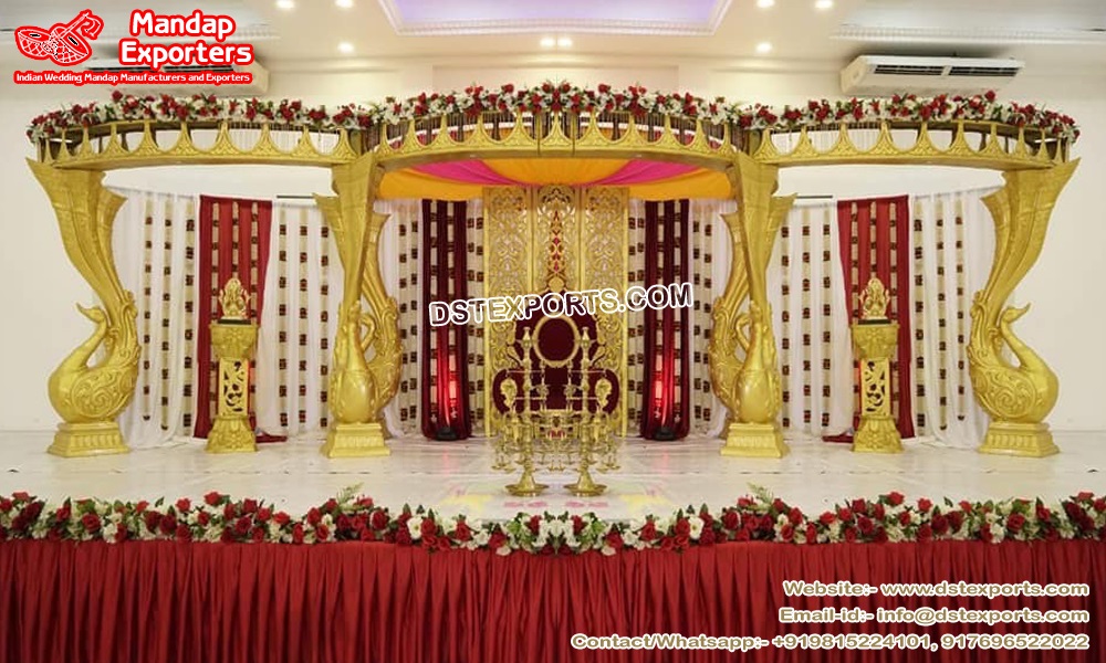 Golden FRP Peacock Pillar Wedding Mandap Design