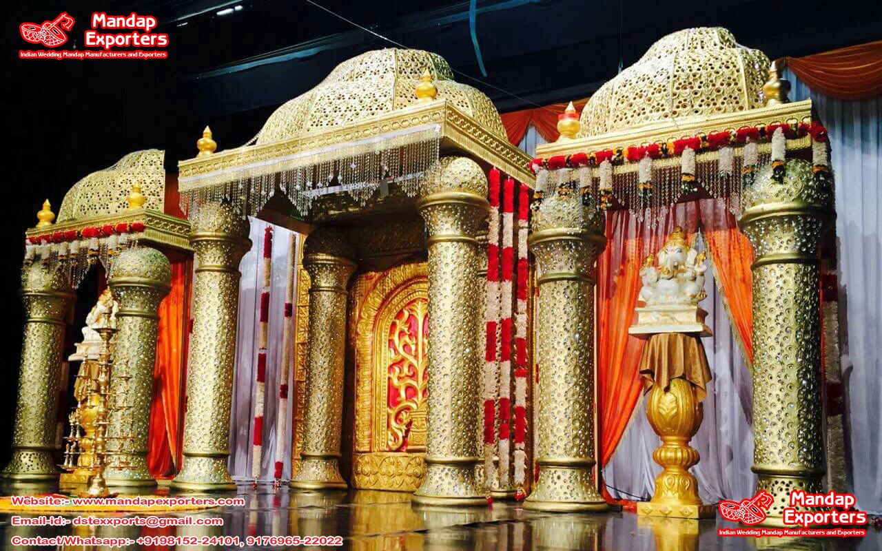 Golden Big Fiber Pillar Wedding Mandap Decor