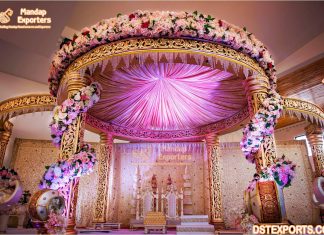 Stylish Golden Carved Pillar Wedding Mandap Setup Gorgeous Look Golden Carved Wedding Mandap