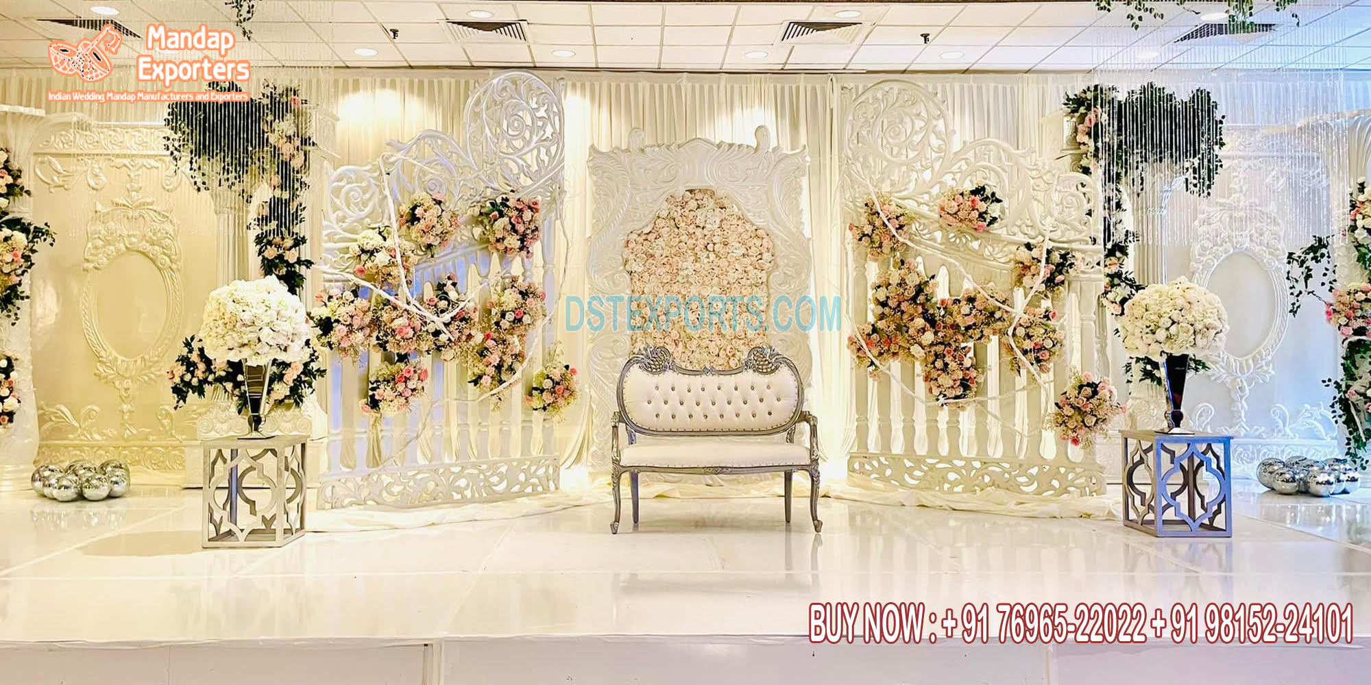 Elegant White Theme Wedding Reception Stage