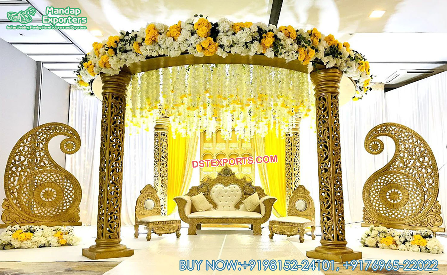 Indian Wedding Event Golden Carved Stage Decor