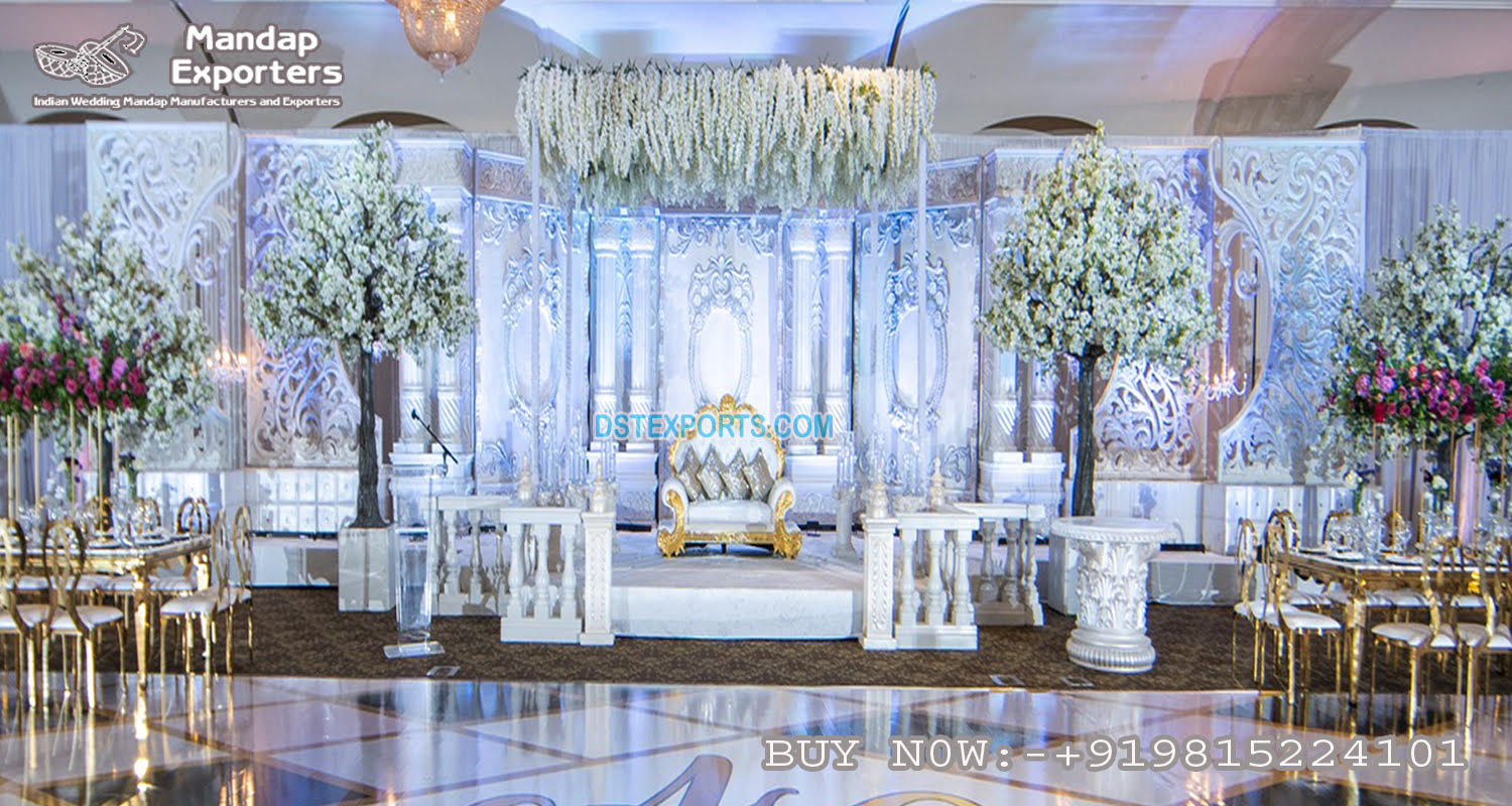 Grand White Theme Wedding Stage Decoration