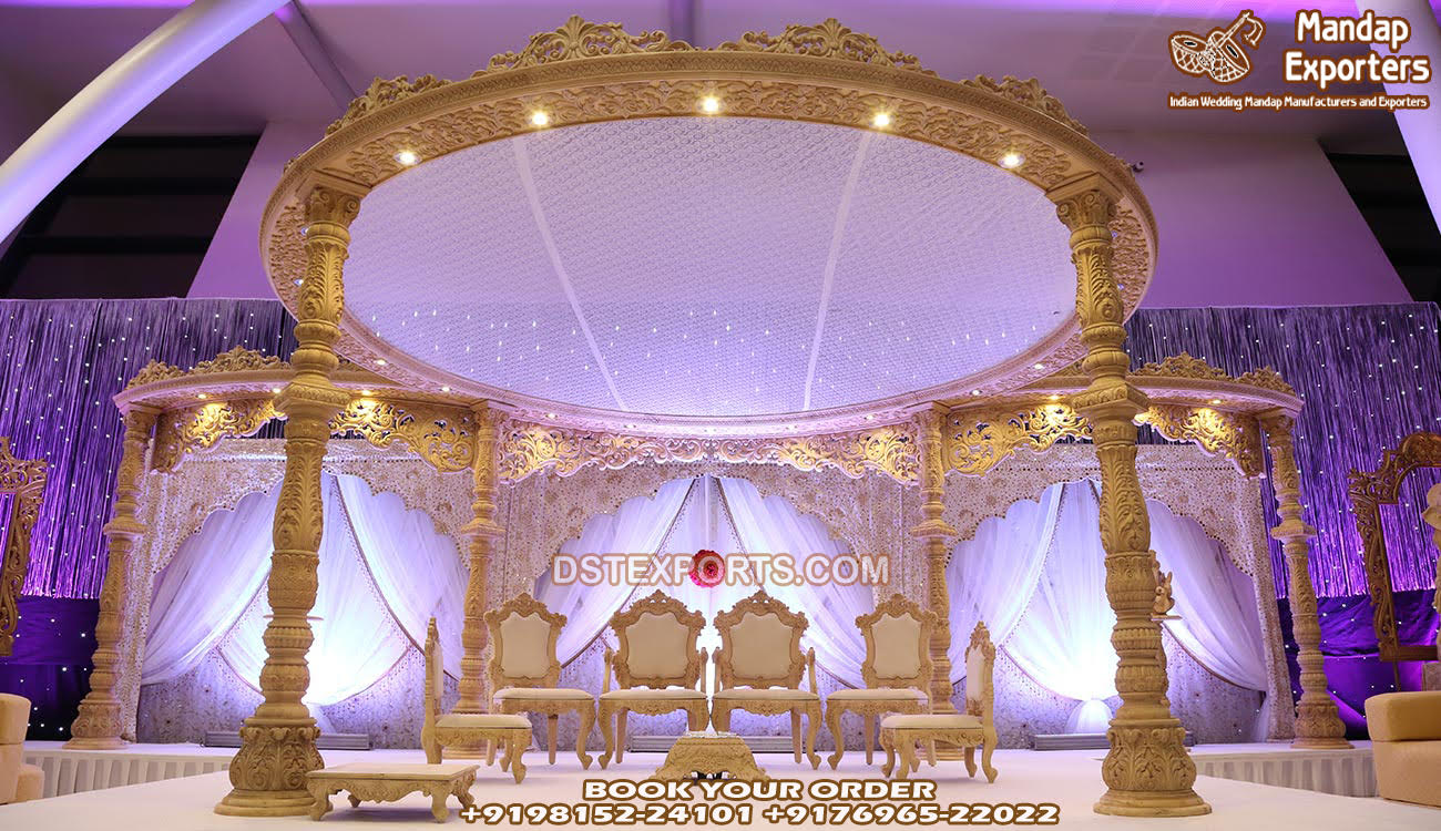 Stylish Wooden Carved Wedding Mandap Setup