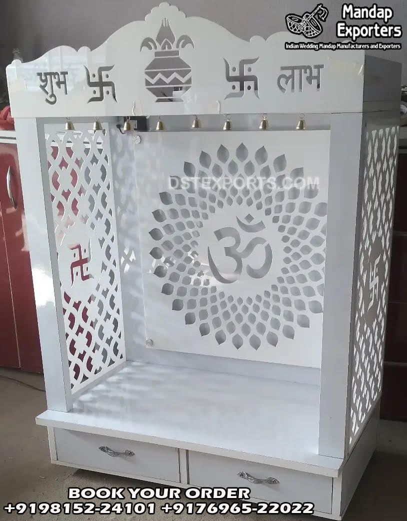 Elegant White Jali Pattern Teak Wood Temple