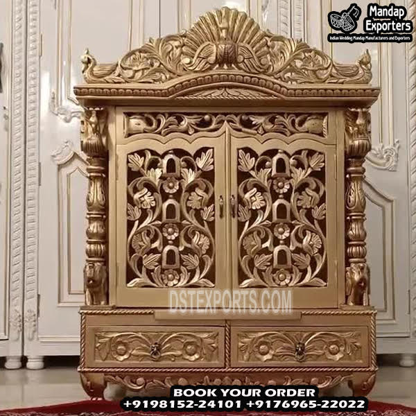 Peacock Style Gold Finish Teak Wood Mandir