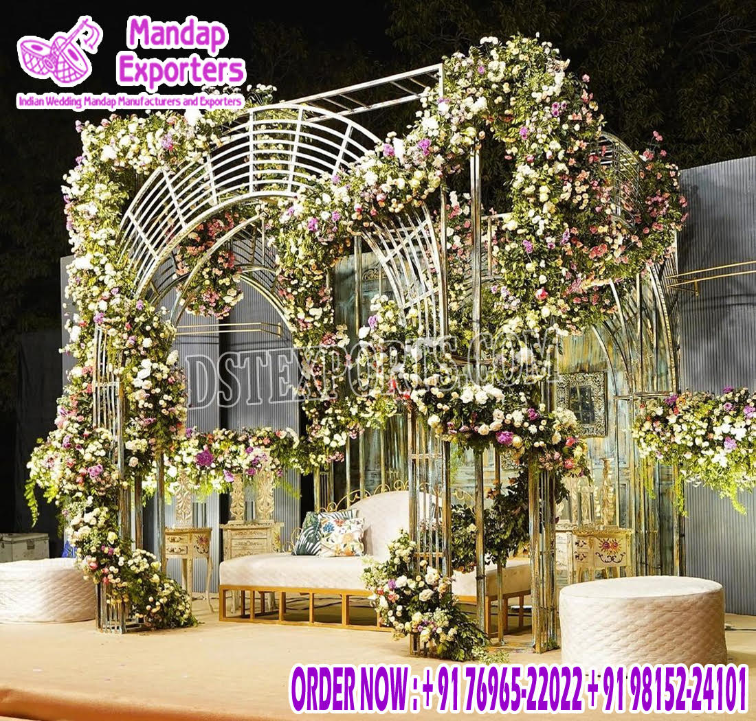 Minimalist Wedding Mandap With Metal Pillars