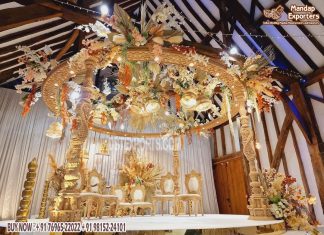 Stunning Peacock Carved Mandap For Indoor Wedding A mandap is actually a platform used to delimit a private place at a wedding venue. The main wedding ceremony takes place in the mandap. Many things have changed over time, and now couples shape their wedding invitations according to their dreams. Therefore, the demand for unique and stylish wedding mandaps is increasing day by day.