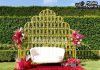 Elegant Engagement Stage Candle Wall for Outdoor Ceremony Elegant Engagement Stage Candle Wall for Outdoor Ceremony