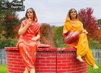 Punjabi Sitting Lady Statue With Fiber Well Punjabi Cultural Fiberglass Statues For Wedding Decor