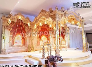 Gujarati Theme Maharani Wedding Mayur Mandap Decor Fiber Mandaps, Wooden Mandaps, Crystal Mandaps, Metal Mandaps, Mandap stage, Indian Mandaps, Modern mandaps, open mandap, Wooden Look Mandap, FRP Mandaps, Antique Mandaps, Brown Mandap, Wooden look fiber mandap