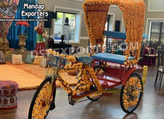 Bollywood Weddings Selfie Point Floral Decorated Rickshaw Wedding Mandaps Wedding Stages Wedding Furniture Horse Drawn Carriages Fiber Decoration Items Mehndi Sangeet and Haldi decor props