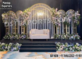 Exclusive Wedding Event Reception Stage Metal Arches Wedding Mandaps Wedding Stages Wedding Furniture Horse Drawn Carriages Fiber Decoration Items Mehndi Sangeet and Haldi decor props