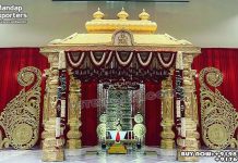 Southern Style Wedding Manavarai Mandap Decor Fiber Mandaps, Wooden Mandaps, Crystal Mandaps, Metal Mandaps, Mandap stage, Indian Mandaps, Modern mandaps, open mandap, Wooden Look Mandap, FRP Mandaps, Antique Mandaps, Brown Mandap, Wooden look fiber mandap