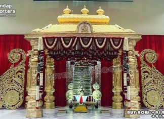 Southern Style Wedding Manavarai Mandap Decor Fiber Mandaps, Wooden Mandaps, Crystal Mandaps, Metal Mandaps, Mandap stage, Indian Mandaps, Modern mandaps, open mandap, Wooden Look Mandap, FRP Mandaps, Antique Mandaps, Brown Mandap, Wooden look fiber mandap