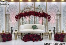 Stylish Ring Ceremony Stage Decor With Laser Panels Wedding Mandaps Wedding Stages Wedding Furniture Horse Drawn Carriages Fiber Decoration Items Mehndi Sangeet and Haldi decor props