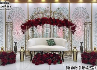 Stylish Ring Ceremony Stage Decor With Laser Panels Wedding Mandaps Wedding Stages Wedding Furniture Horse Drawn Carriages Fiber Decoration Items Mehndi Sangeet and Haldi decor props