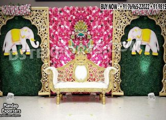 Tamil Wedding Stage Golden Backdrop Mehrab Panels Wedding Mandaps Wedding Stages Wedding Furniture Horse Drawn Carriages Fiber Decoration Items Mehndi Sangeet and Haldi decor props
