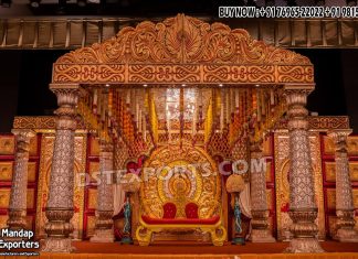 Grand Malaysian Theme Traditional Wedding Mandap we are manufacturer and exporters of all types pof wedding product like - wedding mandap , crystal mandaps ,metal mandaps, stages , wedding frames/panels, wedding sofa set, bride groom chairs, mandap chairs ,punjabi culture statues , wedding swings , horse drawn carriages ,backdrop curtain etc.