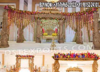 Grand Wedding Manavarai Mandap with Welcome Gate we are manufacturer and exporters of all types pof wedding product like - wedding mandap , crystal mandaps ,metal mandaps, stages , wedding frames/panels, wedding sofa set, bride groom chairs, mandap chairs ,punjabi culture statues , wedding swings , horse drawn carriages ,backdrop curtain etc.