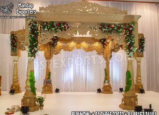 Grand Wedding Wooden Look FRP Pillar Mandap we are manufacturer and exporters of all types pof wedding product like - wedding mandap , crystal mandaps ,metal mandaps, stages , wedding frames/panels, wedding sofa set, bride groom chairs, mandap chairs ,punjabi culture statues , wedding swings , horse drawn carriages ,backdrop curtain etc.