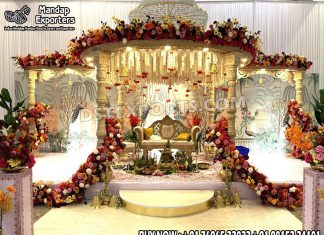 Luxurious Wedding Wooden Look Fiber Avni Mandap we are manufacturer and exporters of all types pof wedding product like - wedding mandap , crystal mandaps ,metal mandaps, stages , wedding frames/panels, wedding sofa set, bride groom chairs, mandap chairs ,punjabi culture statues , wedding swings , horse drawn carriages ,backdrop curtain etc.