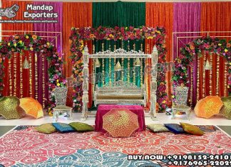 Colorful Theme Henna Night Stage Decor Props & Ideas we are manufacturer and exporters of all types of wedding product like - wedding mandap , crystal mandaps ,metal mandaps, wooden mandaps , stages , wedding frames/panels, wedding sofa set, bride groom chairs, mandap chairs ,punjabi culture statues , wedding swings , horse drawn carriages ,backdrop curtain etc.