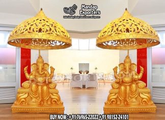 Ganesha Statue With Chhatar For Wedding Hall Decoration Wedding Mandaps Wedding Stages Wedding Furniture Horse Drawn Carriages Fiber Decoration Items Mehndi Sangeet and Haldi decor props