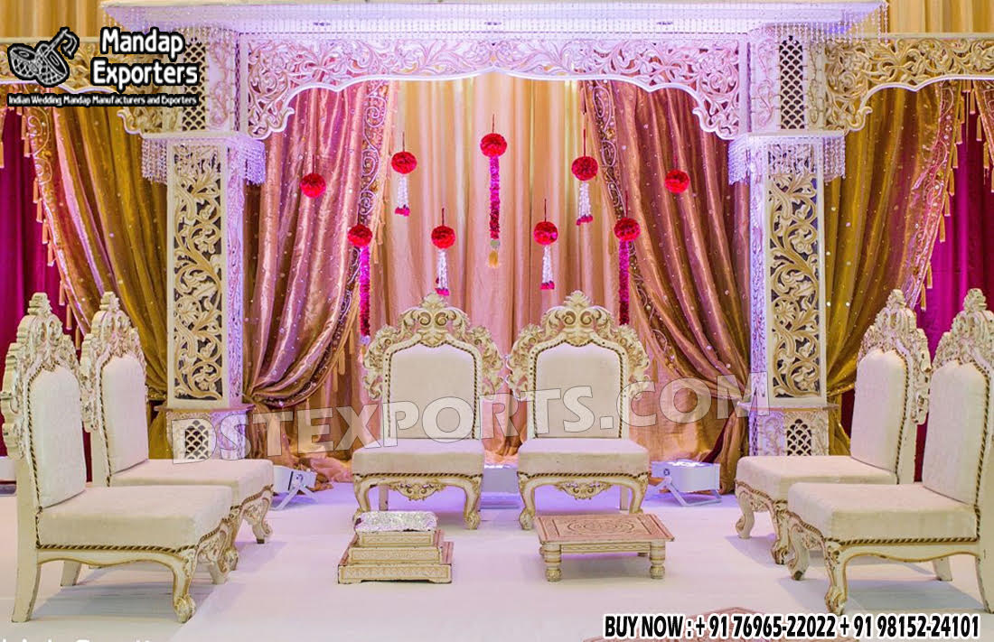 we are manufacturer and exporters of all types pof wedding product like - wedding mandap , crystal mandaps ,metal mandaps, stages , wedding frames/panels, wedding sofa set, bride groom chairs, mandap chairs ,punjabi culture statues , wedding swings , horse drawn carriages ,backdrop curtain etc.
