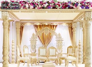 Indian Wedding Wooden Look Four Pillar Mandap we are manufacturer and exporters of all types pof wedding product like - wedding mandap , crystal mandaps ,metal mandaps, stages , wedding frames/panels, wedding sofa set, bride groom chairs, mandap chairs ,punjabi culture statues , wedding swings , horse drawn carriages ,backdrop curtain etc.