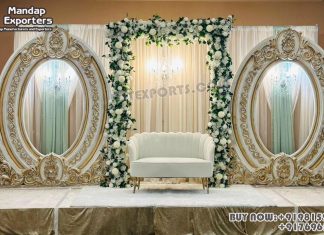 Modish Theme Engagement Ceremony Decor Panels Wedding Mandaps Wedding Stages Wedding Furniture Horse Drawn Carriages Fiber Decoration Items Mehndi Sangeet and Haldi decor props