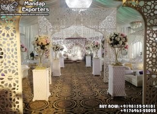 New White Laser Cut Arches For Wedding Hall Entrance Wedding Mandaps Wedding Stages Wedding Furniture Horse Drawn Carriages Fiber Decoration Items Mehndi Sangeet and Haldi decor props