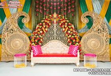 Pakistani Wedding Mehndi/Sangeet Event Decor Stage we are manufacturer and exporters of all types of wedding product like - wedding mandap , crystal mandaps ,metal mandaps, wooden mandaps , stages , wedding frames/panels, wedding sofa set, bride groom chairs, mandap chairs ,punjabi culture statues , wedding swings , horse drawn carriages ,backdrop curtain etc.